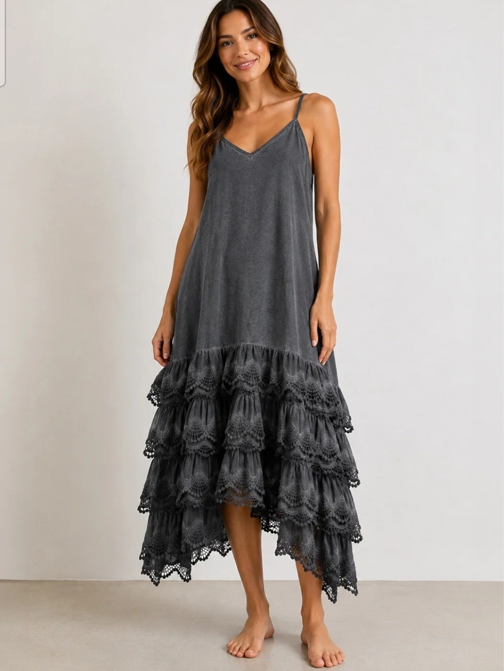 A Rare Bird Boho Black Ruffled Lace Slip Dress - Picture 3 of 6